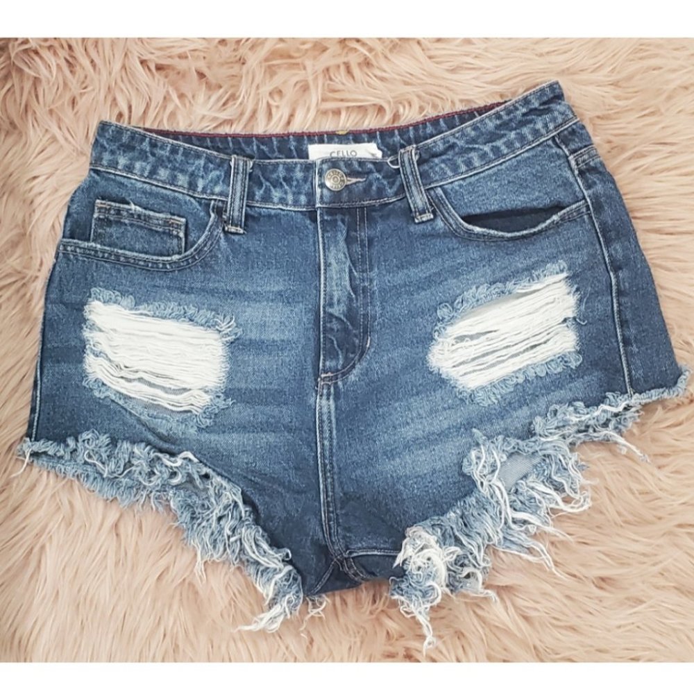 CELLO High Rise Distressed Denim Shorts